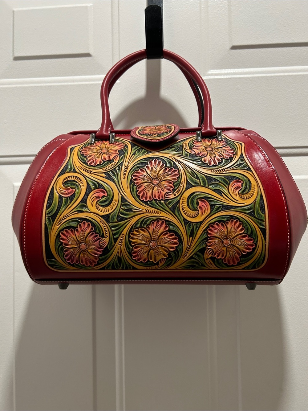 Hand-Tooled Floral Leather Tote Bag - Red and Multi